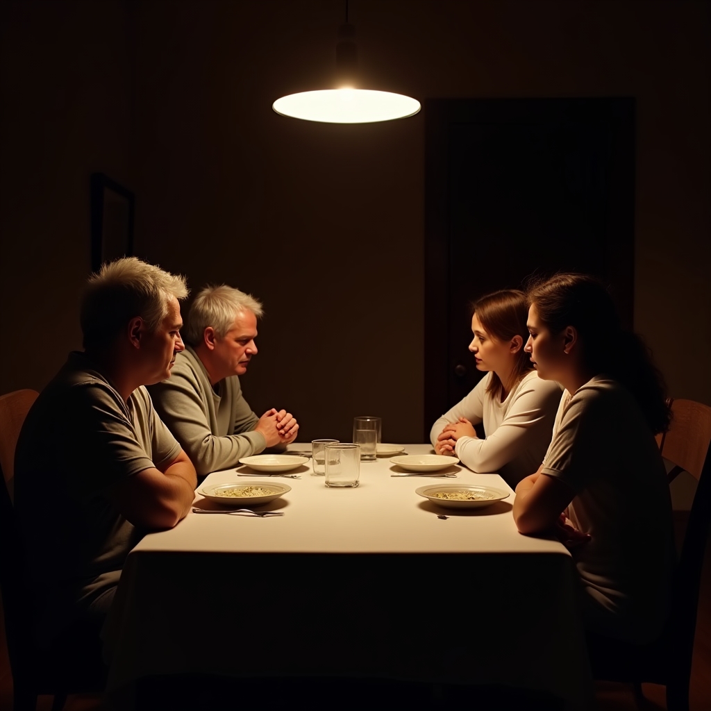 Familie beim Abendessen, angespannte Stille, niemand spricht, gedämpftes Licht
