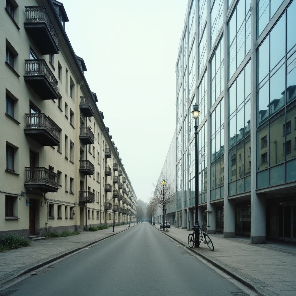Kontrast zwischen altem Arbeiterviertel und neuem Glasgebäude in einer deutschen Stadt, Weitwinkelaufnahme