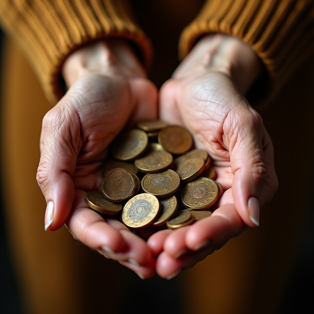 Nahaufnahme zweier Hände, eine alt und faltig, eine jung, beide halten gemeinsam ein kleines Münzgeld