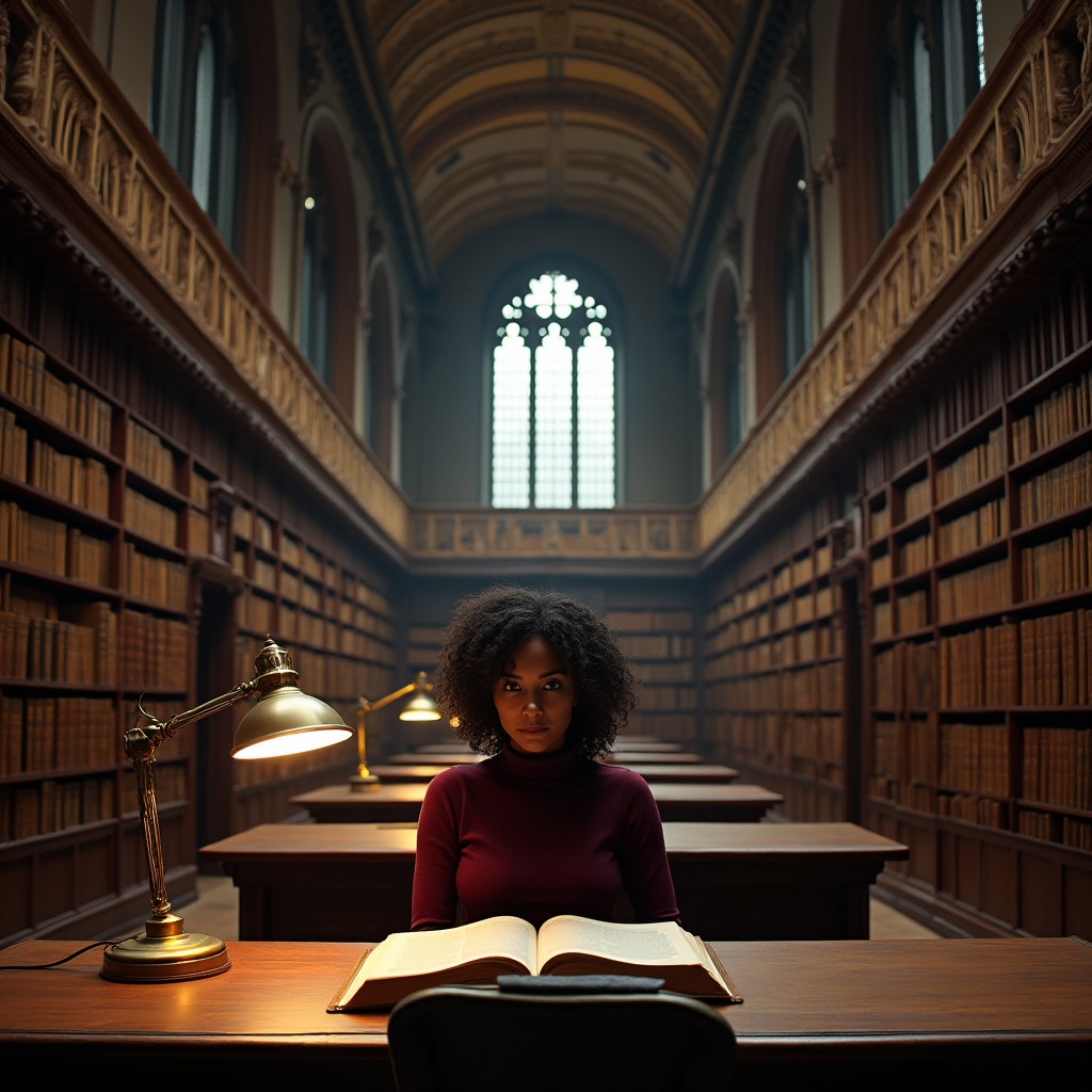 Universitätsbibliothek mit hohen Bücherregalen, eine Person liest allein an einem Holztisch, warmes Licht