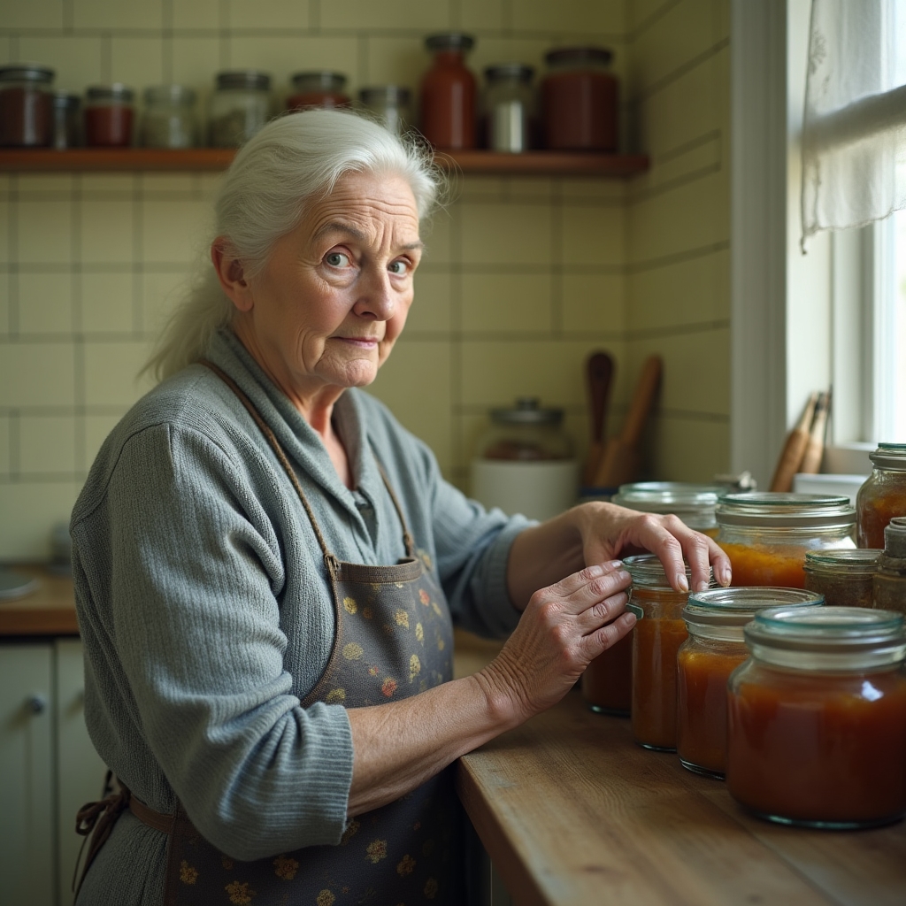Ältere Frau in einer kargen Küche der 1950er Jahre mit sorgfältig aufgestellten Vorräten