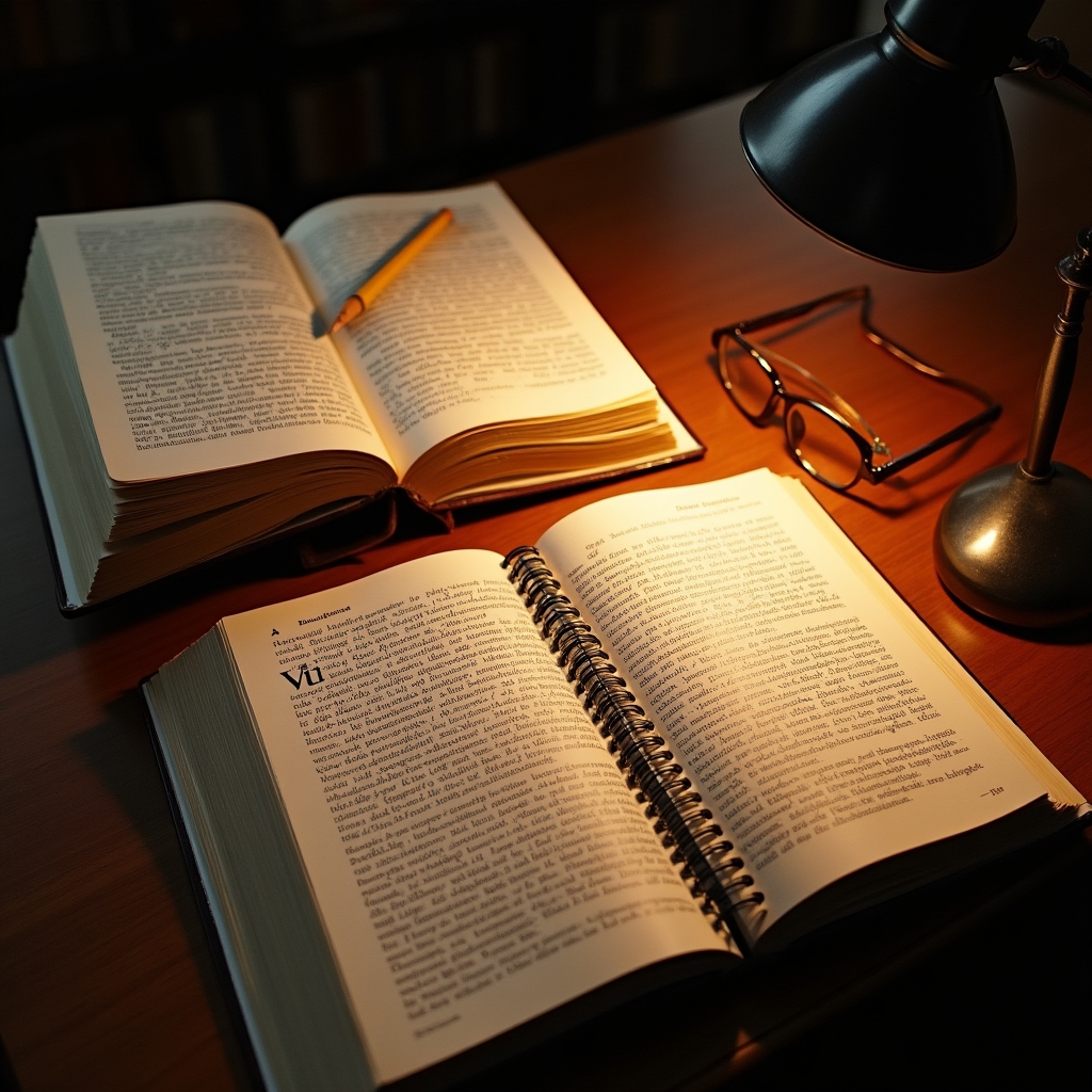Aufgeschlagene soziologische Bücher auf einem Schreibtisch, handgeschriebene Notizen, Leserlicht