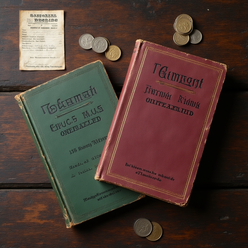 Zwei alte Sparbücher nebeneinander auf einem Holztisch, eines aus der DDR, eines aus Westdeutschland